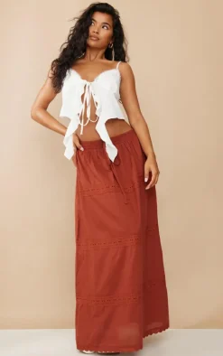 Rust Cotton Poplin Lace Detail Maxi Skirt