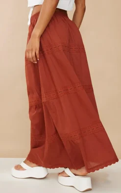 Rust Cotton Poplin Lace Detail Maxi Skirt