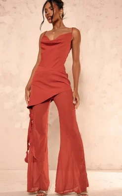 Rust Cowl Neck Long Overlay Jumpsuit