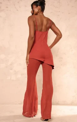 Rust Cowl Neck Long Overlay Jumpsuit