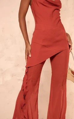 Rust Cowl Neck Long Overlay Jumpsuit
