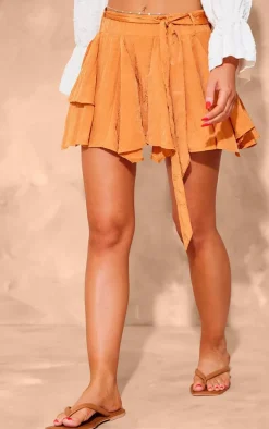 Rust Crinkled Satin Belted Mini Skirt