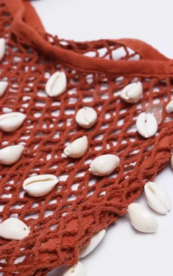 Rust Crochet Knit Shell Detail Beach Shopper Bag