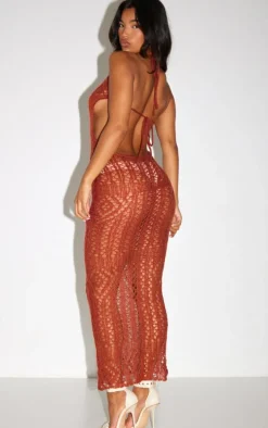 Rust Distressed Open Knit Maxi Dress