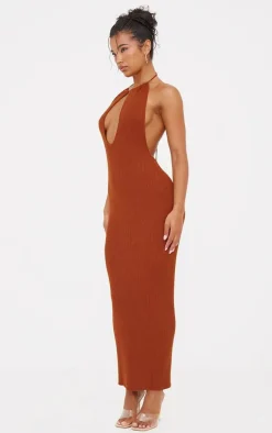 Rust Fine Knit Halterneck Maxi Dress