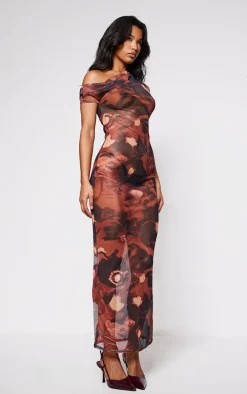 Rust Floral Abstract Printed Mesh Asymmetric Maxi Dress