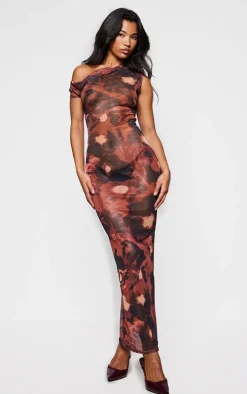 Rust Floral Abstract Printed Mesh Asymmetric Maxi Dress