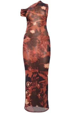 Rust Floral Abstract Printed Mesh Asymmetric Maxi Dress