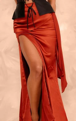Rust Heavy Satin Knot Front Maxi Skirt