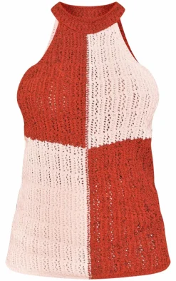 Rust High Neck Contrast Crochet Knit Top