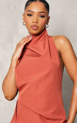 Rust High Neck Cowl Backless Bodycon Dress