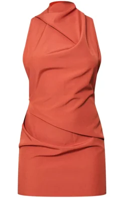 Rust High Neck Cowl Backless Bodycon Dress