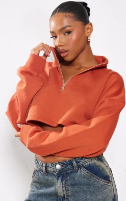 Rust High Neck Zip Up Cropped Sweatshirt