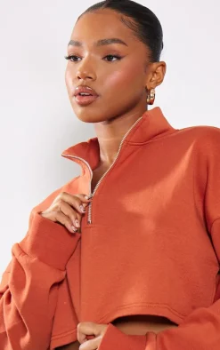 Rust High Neck Zip Up Cropped Sweatshirt