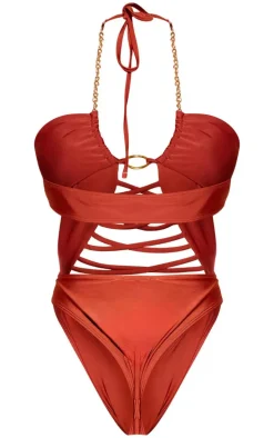 Rust Lace Up Chain Detail Cut Out Swimsuit