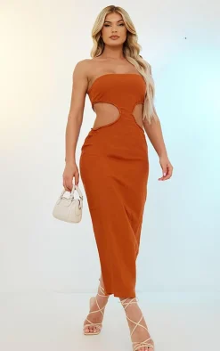 Rust Linen Bandeau Side Cut Out Maxi Dress