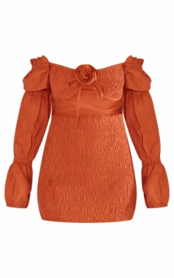 Rust Linen Blend Square Neck Puff Sleeve Mini Dress