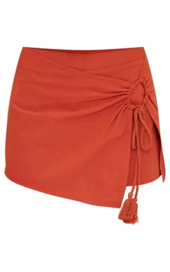 Rust Linen Feel Tassel Ring Front Skort