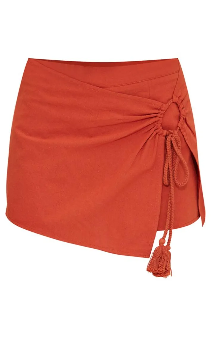 Rust Linen Feel Tassel Ring Front Skort