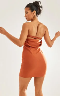 Rust Linen Look Bandeau Back Cut Out Detail Shift Dress