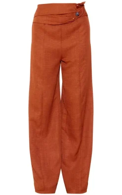 Rust Linen Look Bead Trim Belter Wide Leg Pants