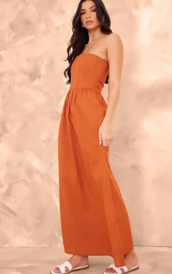 Rust Linen Look Corset Bandeau Maxi Dress