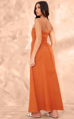 Rust Linen Look Corset Bandeau Maxi Dress
