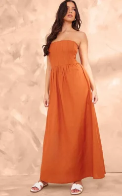 Rust Linen Look Corset Bandeau Maxi Dress