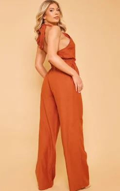 Rust Linen Look Cross Halter Detail Cut Out Jumpsuit
