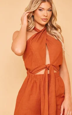 Rust Linen Look Cross Halter Detail Cut Out Jumpsuit