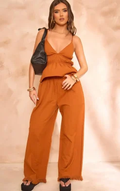 Rust Linen Look Frayed Hem Wide Leg Pants