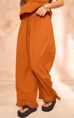 Rust Linen Look Frayed Hem Wide Leg Pants