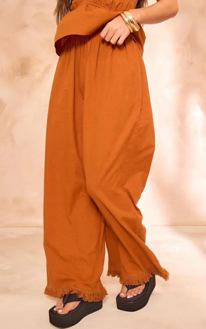 Rust Linen Look Frayed Hem Wide Leg Pants