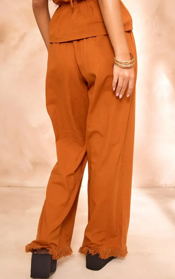 Rust Linen Look Frayed Hem Wide Leg Pants