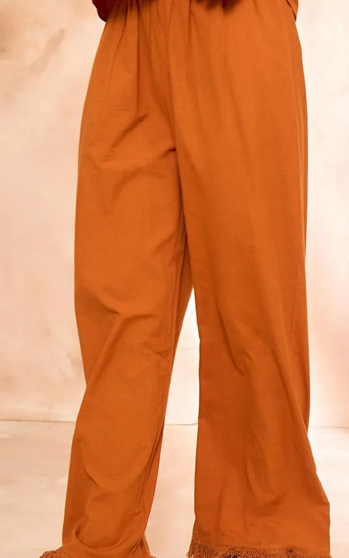 Rust Linen Look Frayed Hem Wide Leg Pants