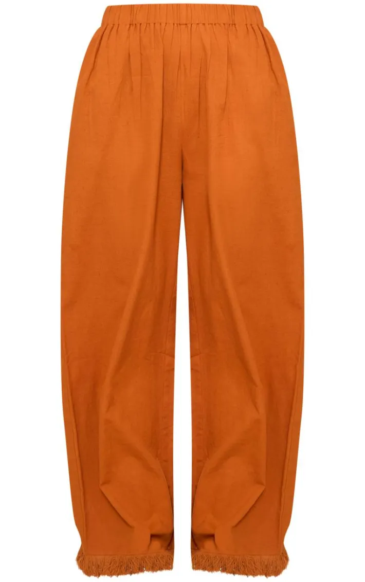 Rust Linen Look Frayed Hem Wide Leg Pants
