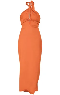 Rust Linen Look Knot Halterneck Maxi Dress