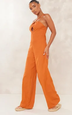 Rust Linen Look Oversized Cross Neck Wide Leg Jumpsuit