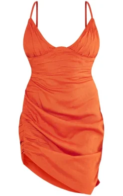 Rust Linen Look Plunge Pleated Detail Strappy Bodycon Dress