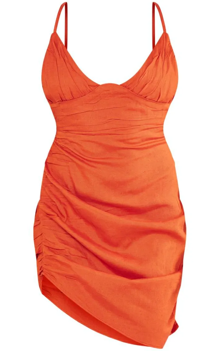 Rust Linen Look Plunge Pleated Detail Strappy Bodycon Dress