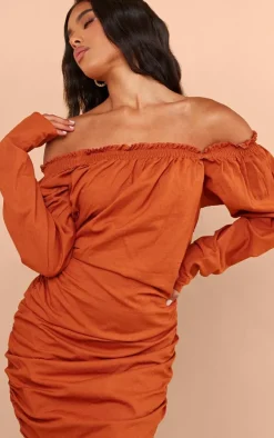 Rust Linen Look Ruched Bardot Bodycon Dress