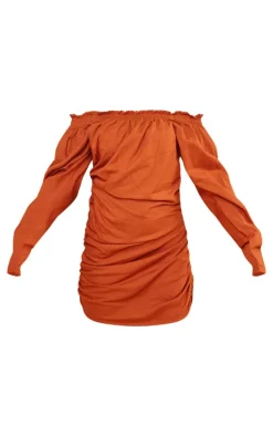Rust Linen Look Ruched Bardot Bodycon Dress