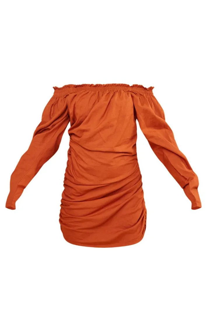 Rust Linen Look Ruched Bardot Bodycon Dress