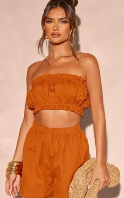 Rust Linen Look Ruffle Hem Bandeau Crop Top