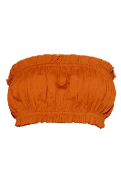 Rust Linen Look Ruffle Hem Bandeau Crop Top