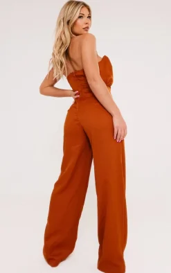 Rust Linen Look Woven Bandeau Boning Detail Jumpsuit