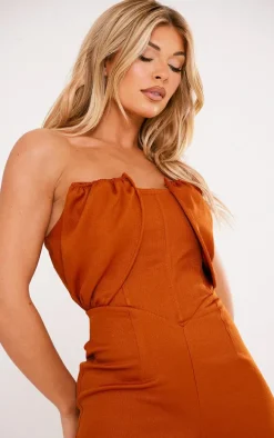 Rust Linen Look Woven Bandeau Boning Detail Jumpsuit