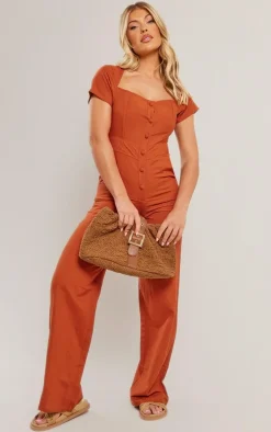 Rust Linen Popper Boning Detail Short Sleeve Jumpsuit