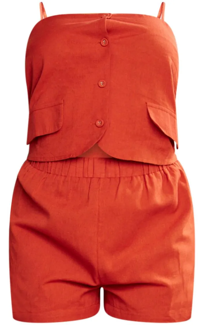 Rust Linen Strappy Button Down Romper