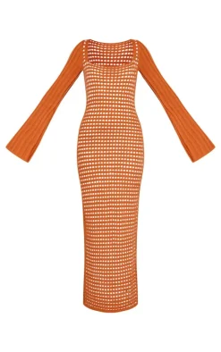 Rust Open Crochet Scoop Back Maxi Dress